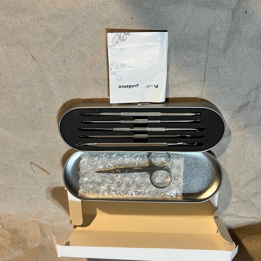 Pmland 6pc Blemish Extractor Grooming Kit Silver Stainless Steel Tin Case
